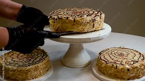 Esterhazy Torte Estergazi nut cake is popular in Hungary, Austria and Germany Named after the Hungarian diplomat Prince a hand in black gloves cuts a dessert with a large knife restaurant food