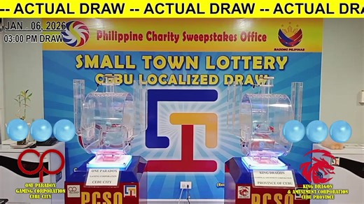 January 06, 2026 / Tuesday 03:00 PM DRAW Pre-Draw / Actual Draw Small Town Lottery Cebu Localized Draw One Paradox Gaming Corporation Small Town Lottery (Cebu City) King Dragon Gaming and Amusement Corporation(Province of Cebu) Philippine Charity Sweepstakes Office - Cebu Branch | PCSO Cebu STL Localized Draw - Cebu City and Cebu Province