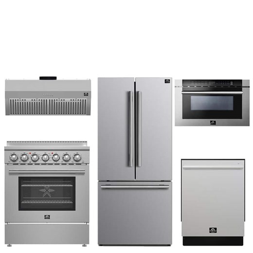 Forno 5 Pc: Range, French Door Refrigerator, 24 in. Built-In Tall Tub Dishwasher, Microwave Drawer, Range Hood Stainless Steel FBDL-THD-003 - The Home Depot