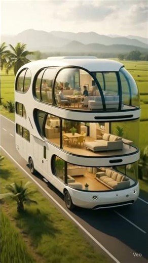 Futuristic 3-Story white Luxury Bus Home Driving Through Countryside 🌾🚍✨