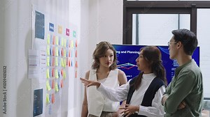 brainstorming session, using sticky notes on a task board (kanban) to organize ideas and workflow in a modern office