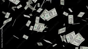 Money rain on black screen background video. dollar bills falling, raining money, cash rain falling animation, money falling overlay.