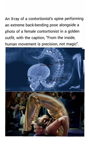 X-ray of a contortionist's spine performing an extreme back-bending.