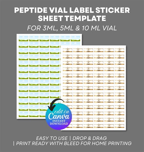Peptide Label Template Sticker Sheet, Peptide Vial Labels Sheet, Vial Sticker Label Sheet Template, Canva Editable, Instant Download - Etsy