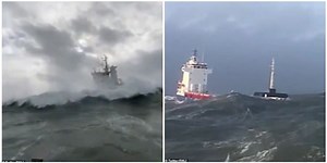 The transport ship breaks down and is hit by high waves, the British coast guard intervenes to avoid crashing into the rocks