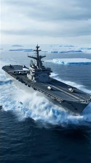 A massive aircraft carrier sailing through icy seas. ❄️⚓🌊🚢