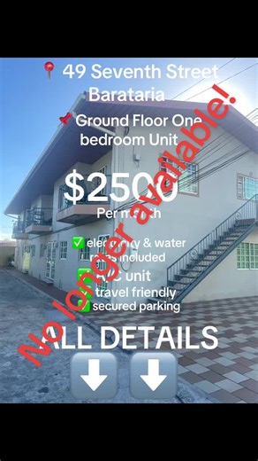 ⚠️ Update: ‼️ TAKEN ‼️ 📍49 Seventh Street Barataria 📌Ground Floor One bedroom Unit ✅$2500 per month ✅Electrcity & water rates included ⚡️ 💧 ✅A/C unit 🥶 ✅secured parking spot ✅ 2 blocks from Bus route ✅ fully fenced and gated ✅ remote control gate w/ pedestrian access ✅laundry area at back ⛔️ no pets allowed ‼️security deposit required ‼️one form of ID ‼️recent job letter WhatsApp 471-3427 #barataria #apartment #rental #onebedroom #trinidad🇹🇹