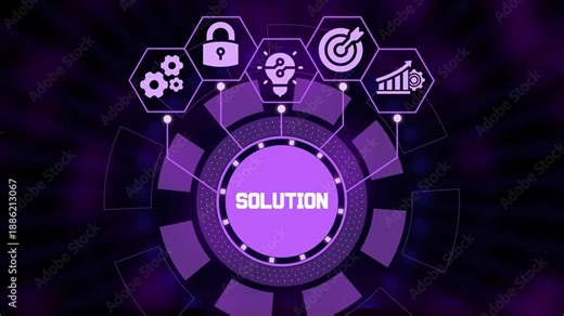 Business problem solving concept with solution icons for innovative answers, effective fix, and strategic consulting.