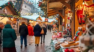 Group of people bustling around market stalls during the holiday season, A bustling Christmas market filled with vendors selling handmade crafts and treats