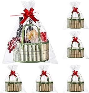 Tioncy 6 Set Woven Bamboo Gift Baskets with Handles Empty, Green