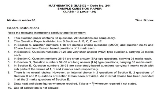 CBSE Class 10 Maths Sample Paper 2025-2026 PDF Download