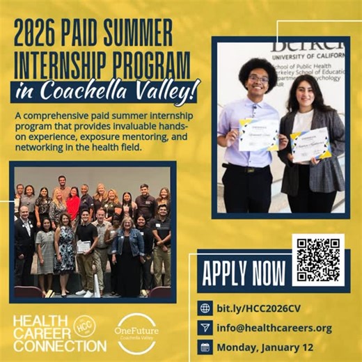 OneFuture Coachella Valley on Instagram: "Health Career Connection’s paid summer internship program helps students discover and pursue their authentic health career while addressing the healthcare workforce gap as diverse, capable, and value-driven professionals, advocates, and leaders. 🙌 🌟 Coachella Valley students: To be matched with local host sites like JFS of the Desert, COFEM CV, Kaiser, and more, you must have a home address in the Coachella Valley and be from our community. This progra