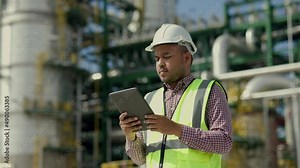 Asian engineer manager man with white safety helmet standing front of oil refinery with tablet. Industry zone gas petrochemical. Factory oil storage tank and pipeline. Workers in the construction.