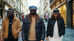 people wearing VR Virtual Reality glasses headset at outdoor public city scene at daytime