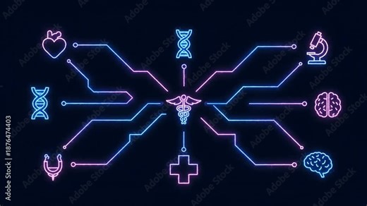 Medical symbols connected to a central staff of Asclepius.