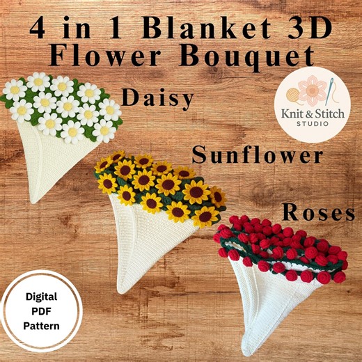 Crochet Flower Blanket Bouquet Pattern | Daisy, Rose, Sunflower (PDF Download) - Etsy