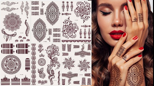 6 Sheets Henna Tattoo, Mandala Flower Temporary Tattoo Stickers for Women, Fake Tattoos Henna Stickers, Waterproof Red Ink Body Art Stickers.