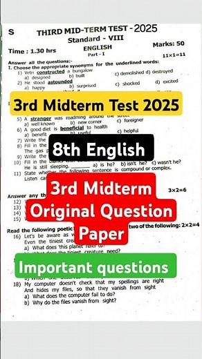 8th English 3rd Midterm Test Original Question Paper 2025 #kcbotanystudycentre