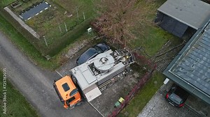 Sewage Tank truck. Sewer Pumping machine. Septic truck. Aerial view.