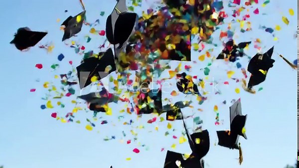 Graduation Caps Flying with Confetti against Sky. Graduation Celebration Caps & Confetti Toss