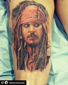 Captain Jack Sparrow tattoo by @tattoosbyhalo that took 2nd place for ‘Tattoo of the Day’ at Summer Vibe ⚓️ | United Ink Productions