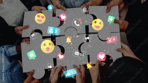 Collaborative Teamwork with Puzzle Pieces and Social Media Icons Representing Communication and Engagement in a Modern Work Environment Gluon.