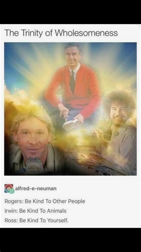 Childhood Nostalgia | 80s & 90s on Instagram: "The holy trinity of the 80s/90s 💫 Mr. Rogers, Steve Irwin & Bob Ross — the OGs of kindness we didn’t know we needed 💛✨ Before social media, there were TV legends who shaped our hearts with nothing but compassion, calmness, and care. ⁣ 🎨 Bob Ross: “There are no mistakes, just happy accidents.” 🧥 Mr. Rogers: “Look for the helpers.” 🐊 Steve Irwin: “Caring for animals is caring for our planet.” ⁣ These three icons were the wholesome core of 80s and