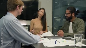 Leader woman coach businesswoman talking to team showing papers graphs happy business people multiethnic employees clients men applauding after successful presentation at group meeting office training