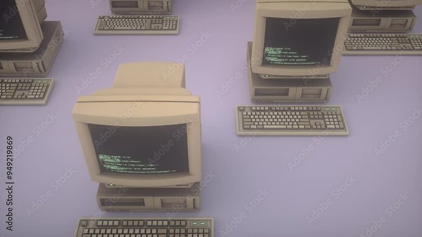 Retro personal computer or PC with keyboard in dynamic motion. Abstract 3D Render pattern. Source code on screens, displays. Vintage 80s, 90s retro style 4K seamless loop animation