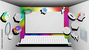 Modern Geometric Background with Iridescent Gradients and 3D Grids, 16:9 Mockup, Seamless Animation Loop, Space For Your Text and Design