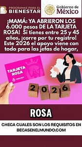 ¡MAMÁ: YA ABRIERON LOS 6.000 pesos DE LA TARJETA ROSA! 💗 Si tienes entre 25 y 45 años, ¡corre por tu registro! Este 2026 el apoyo viene con todo para las jefas de hogar, pero los cupos son limitados por municipio. 🔗 Link de registros y requisitos en el enlace dek primer comentario. #RegistroTarjetaRosa #TarjetaRosa2026 #ApoyosParaMujeres #TarjetaRosaactiva #JefasDeFamilia #Mexico #Guanajuato | Alerta Bienestar México