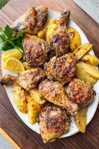 Greek Lemon Roast Chicken & Potatoes with Green Cabbage Salad… super easy, delicious & packed with Mediterranean flavours. Each bite delivers bright lemon, punchy garlic, & herby notes that are simple & rustic, but also deeply satisfying. Easy enough for a weeknight, impressive enough for guests & can feed a crowd with little effort. Not to mention gluten-free, grain-free & packed with protein. It’s one of those reliable, back-pocket recipes that makes a house smell like a home. Serve with a cru
