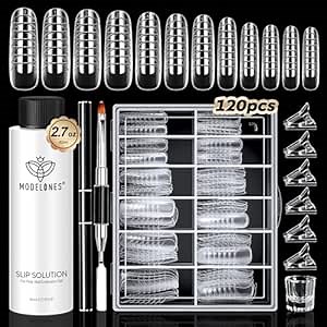 modelones Slip Solution for Poly Gel, 2.8oz Anti-Stick Liquid for Poly Gel with 120Pcs Flat Dual Nail Forms Nail Tips Clips Kit