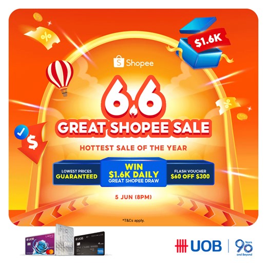 18 reactions · 3 comments | Shop at Shopee during 6.6 Great Shopee Sale for more savings! Unlock attractive deals from 5 Jun, 8pm with your UOB Card and cart out all the items you’ve been eyeing on. Shop with your UOB Card to enjoy these perks: ️ Sitewide: S$22 off with min. S$220 spend  UOB One Card Exclusive: Additional cashback of up to 10% New-to-Shopee Users: S$15 off with no min. spend. T&Cs apply. Promo code: UOBNEW2025 | UOB | Facebook