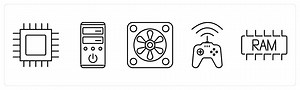 5 Computer Parts icons as cpu processor, system unit, system fan in black bold