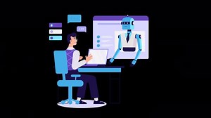 Man chatting with Robot animation. Chat bot, artificial intelligence, customer support concept