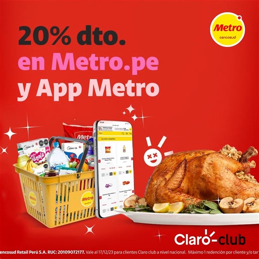 60 reactions · 57 comments | ¡Haz tus compras navideñas con 20% dto.! 朗 Disfruta de este beneficio comprando en la web de Metro y en su app. Solo ubica el cupón en tu app Claro club, canjéalo y listo. ¡Con tu app #Claroclub disfruta de beneficios todos los días!  cl4.ro/bmetro #HazloRealidad | Claro Perú | Facebook