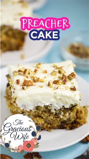 Super easy dump cake with no box mixes - that can still be made start to finish in 1 hour, including baking and cooling. Moist cake with cream cheese frosting. Google "the gracious wife preacher cake" for the full recipe! | The Gracious Wife