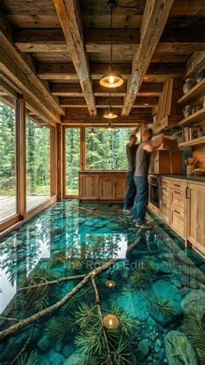 Stunning River Epoxy Floor in a Rustic Cabin Kitchen! Absolutely Surreal 🌊🌲#rusticdesign #epoxyfloor