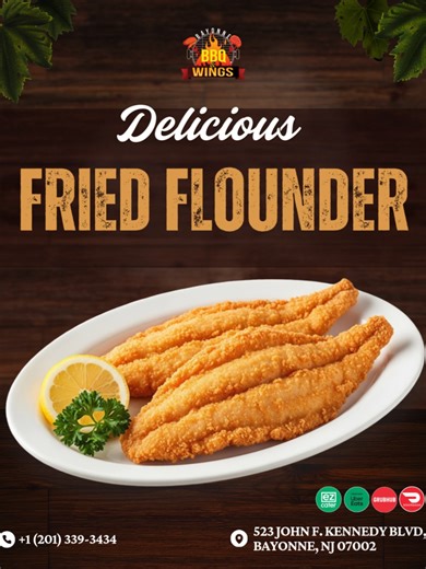 Fried Flounder 🐟 Indulge in the delicate perfection of our Fried Flounder, where tender, flaky fillets are lightly breaded and golden-fried to crispy excellence, offering a satisfying crunch that gives way to moist, mild-sweet fish with a subtle oceanic charm. Served with golden crispy French fries, creamy coleslaw, and zesty tartar sauce, this coastal classic from Bayonne BBQ & Wings brings the fresh bounty of the sea straight to your plate. A light yet irresistible seafood delight that’s as e