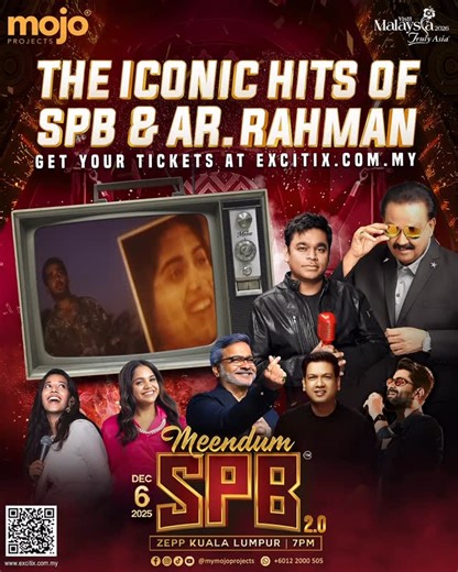 MOJO PROJECTS ® on Instagram: "Meendum SPB 2.0 –Once More : A Tribute to the Legendary SPB! The magic of A.R. Rahman’s tunes and SPB’s golden voice lives on. Grab your tickets exclusively at www.excitix.com.my now. Date: 6th December 2025 Venue: Zepp Kuala Lumpur Time: 7PM #MeendumSPB2 #SPBTribute #MojoProjects #ZeppKL #6Dec2025"