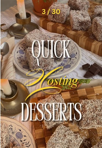 Lamingtons = the coziest treat. ✨ Save this for your next hosting setup🤍 FULL RECIPE (easy version): Butter sponge: \t•\t125g unsalted butter (soft) \t•\t220g caster sugar \t•\t1/2 tsp vanilla \t•\t3 eggs (room temp) \t•\t260g plain flour, sifted \t•\t3 tsp baking powder \t•\t125ml milk Chocolate icing: \t•\t480g icing sugar, sifted \t•\t22g cocoa powder, sifted \t•\t1 tbsp butter \t•\t150ml boiling coffee Coating \t•\t300/400g desiccated coconut How to make: \t1.\tHeat the oven to 180°C. \t2.\