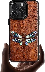 Carveit Magnetic Case for iPhone 16 Pro Case, Wood Artisan Engraved & Handmade Shell Inlaid, TPU Shockproof Cover, Compatible with MagSafe Wireless Chargers (Death's Head Moth) Rosy