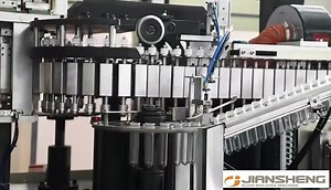 JS -6000 High-speed bottle-making machine/1000BPH automatic feeding the handle with a vibrating plate 🔗Nontoxic conveyor belt to carry preforms 🔗Produce PET Bottles ( such as wine, beverage, soybean, vinegar bottles, and so on) 🔗Easy to maintain 🔗Infrared lamps 🔗High safety. high speed with high efficiency. | Johsean Machinery Blow Molding Machine - Jiansheng