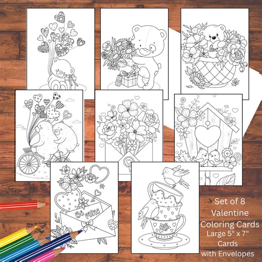 Valentine's Day Coloring Cards: Handmade Stationery Set With Envelopes - Etsy