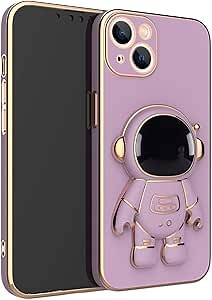 Cute Outer Space 3D Astronaut Phone Case with Hidden Stand Lens Film Protective Cover for iPhone 13 PRO MAX Purple