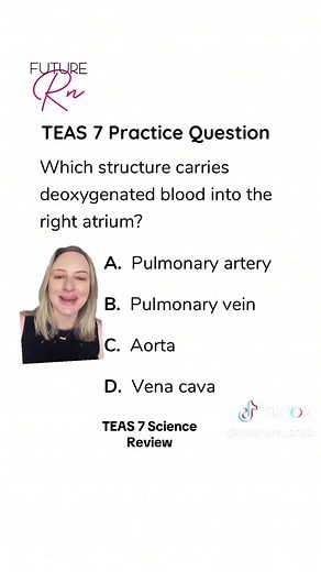 Join my next live! ⬆️⬆️ Review the anatomy of the heart and blood flow for your TEAS 7 exam! The vena cava is correct for this question. Both the inferior and superior vena cavae drain blood into the right atrium. #teas7 #prenursing #prenursingstudent #futurenursesoftiktok #teasexam #atiteas7 #teastest #futurenurse #atiteas