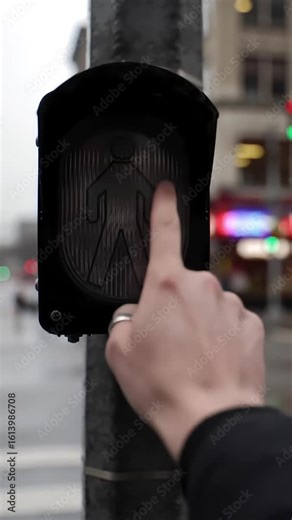 Activating the Crosswalk: A hand pushes the pedestrian signal button, illuminating the traffic lights for safe street crossing in the urban environment.