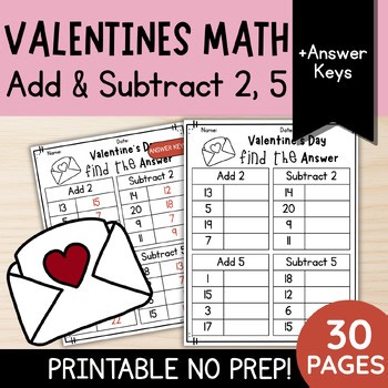 Valentine's Day Add and Subtract 2 and 5 | 1st & 2nd Grade Math