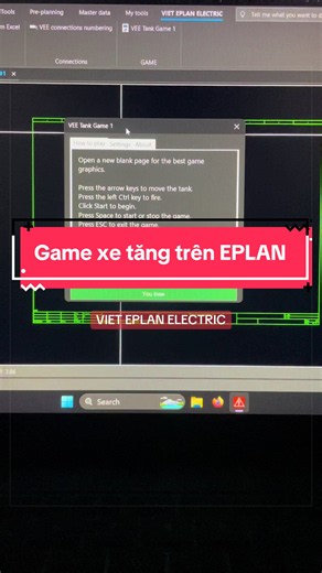 VEE Tank Game 1 là mini game xe tăng chạy trực tiếp trên trang vẽ EPLAN. Điều khiển xe tăng bằng phím mũi tên, nhấn Ctrl trái để bắn drone enemy, chọn độ khó Easy, Medium hoặc Hard và cố gắng chiến thắng trước khi drone áp sát. Một khoảng nghỉ ngắn vui vẻ giữa những giờ thiết kế EPLAN căng thẳng. Game is fun, War is not fun! #VietEplanElectric